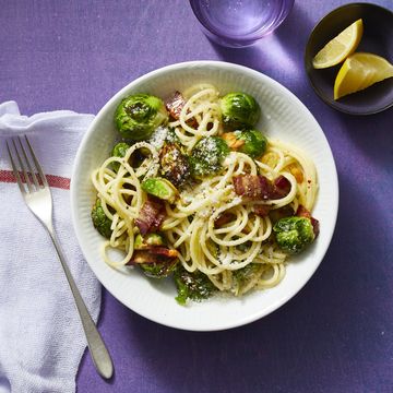 kid friendly dinner ideas spaghetti bacon parmesan brussels sprouts