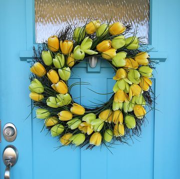 blue door with tulip wreath summer wreaths