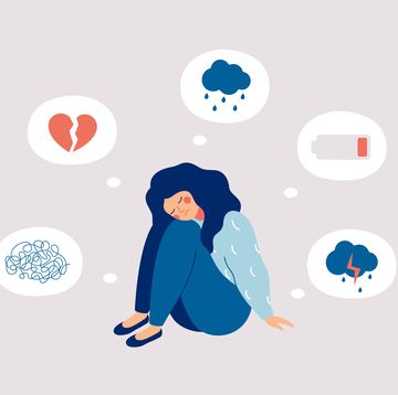 young woman who suffers from mental health diseases is sitting on the floor girl surrounded by symptoms of depression disorder anxiety, crisis, tears, exhaustion, loss,  overworked, tired vector illustration
